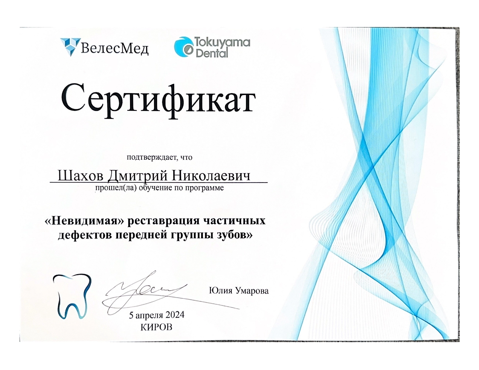 Шахов Дмитрий Николаевич. Сертификат: "Невидимая" реставрация частичных дефектов передней группы зубов"